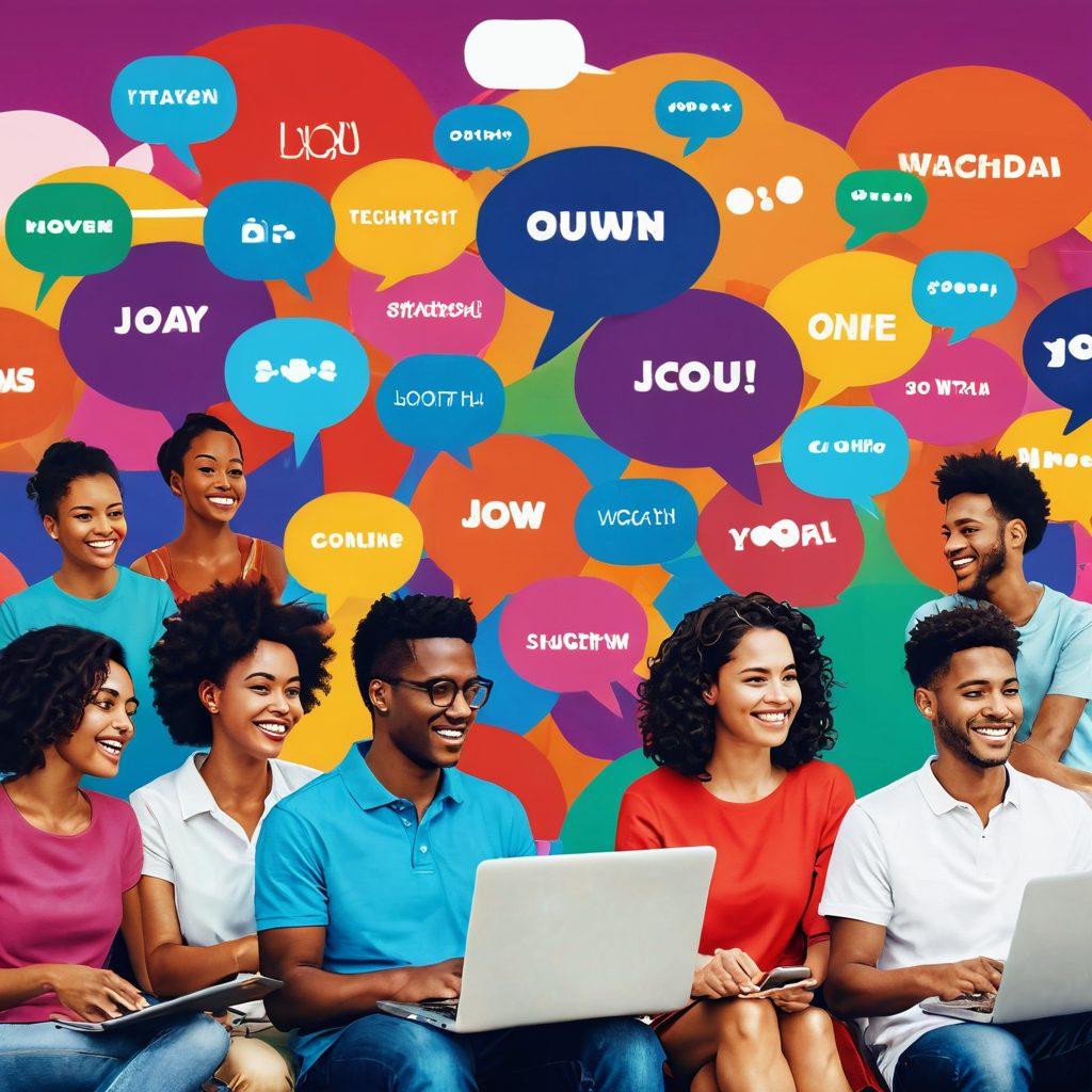 A vibrant digital collage showcasing diverse individuals eagerly engaging in online conversations, radiating joy and positivity. The scene includes colorful speech bubbles filled with symbols of connection and happiness, along with a backdrop of a lively virtual landscape representing various cultures and languages. Elements of technology like laptops and smartphones are integrated, emphasizing joyful online communication. Bright and cheerful colors dominate the image, creating an uplifting atmosphere. vector art. vibrant colors.