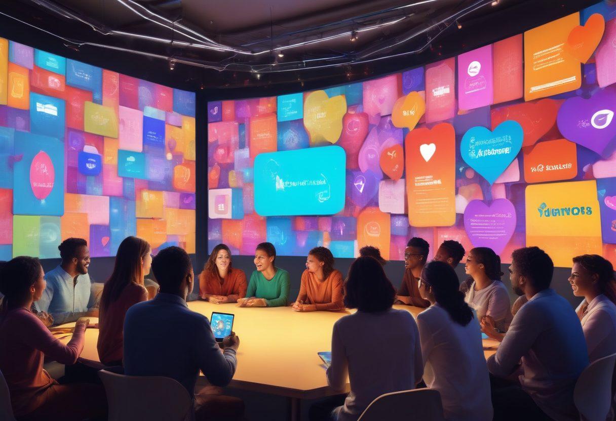 A diverse group of people engaged in animated discussions around a large, digital screen displaying various interactive media examples such as videos, graphs, and social feeds. Surrounding them are colorful, playful elements like speech bubbles and hearts symbolizing connection and joy. The ambiance should evoke a sense of collaboration and positivity, set in a modern, well-lit community space. vibrant colors. 3D. dynamic lighting.