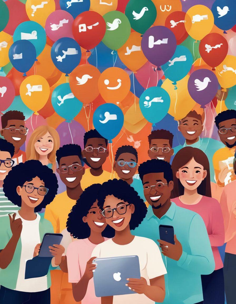 An illustration of diverse people happily interacting through digital devices, surrounded by colorful social media icons symbolizing connection and community engagement. Include elements of joy like balloons and smiling emojis to enhance the theme of spreading joy online. The background should be lively with soft, warm colors to evoke positivity. vector art. vibrant colors.